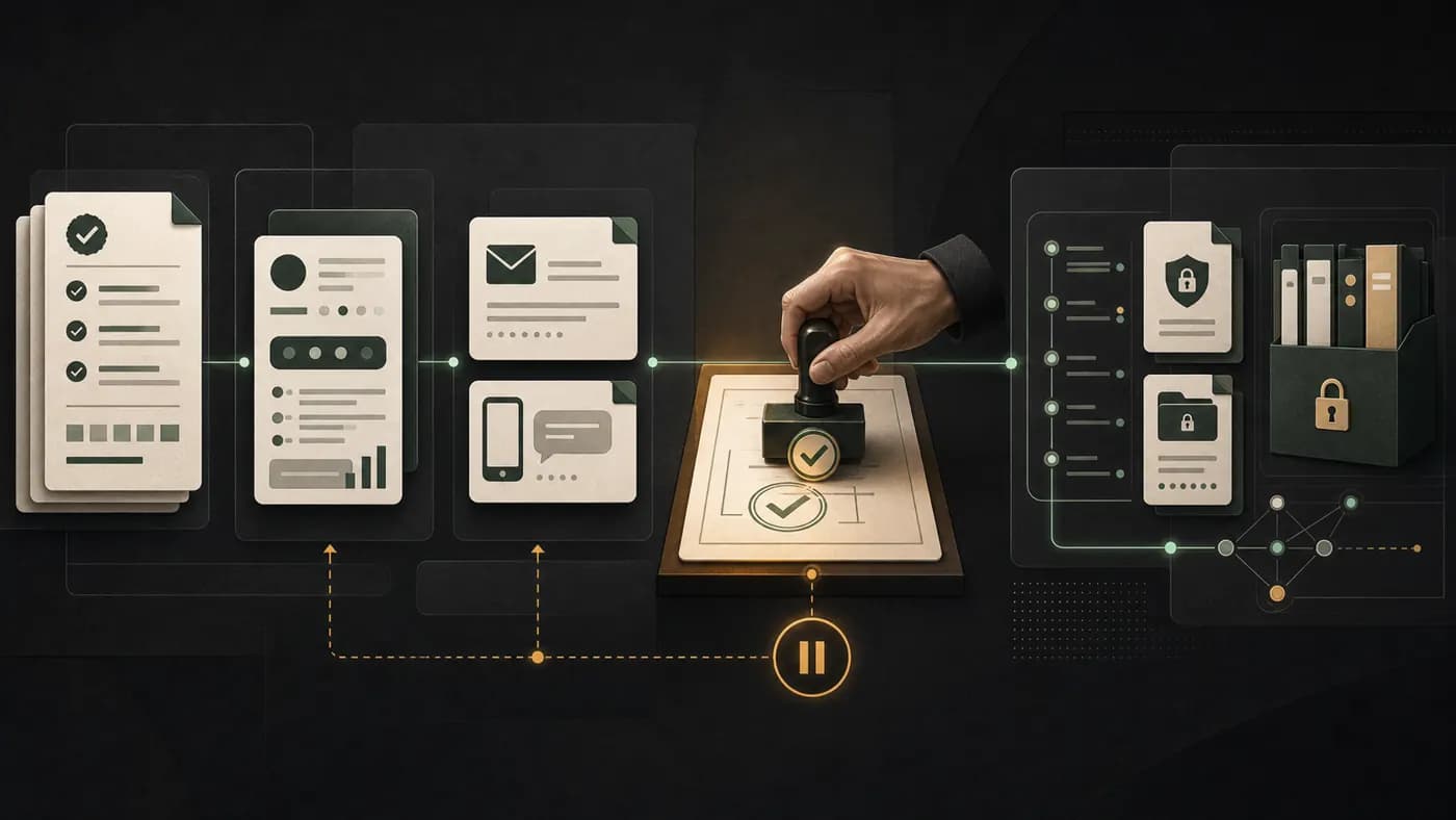 Editorial workflow illustration showing candidate records, email and SMS drafts, a human approval stamp, and an auditable recruiting trail