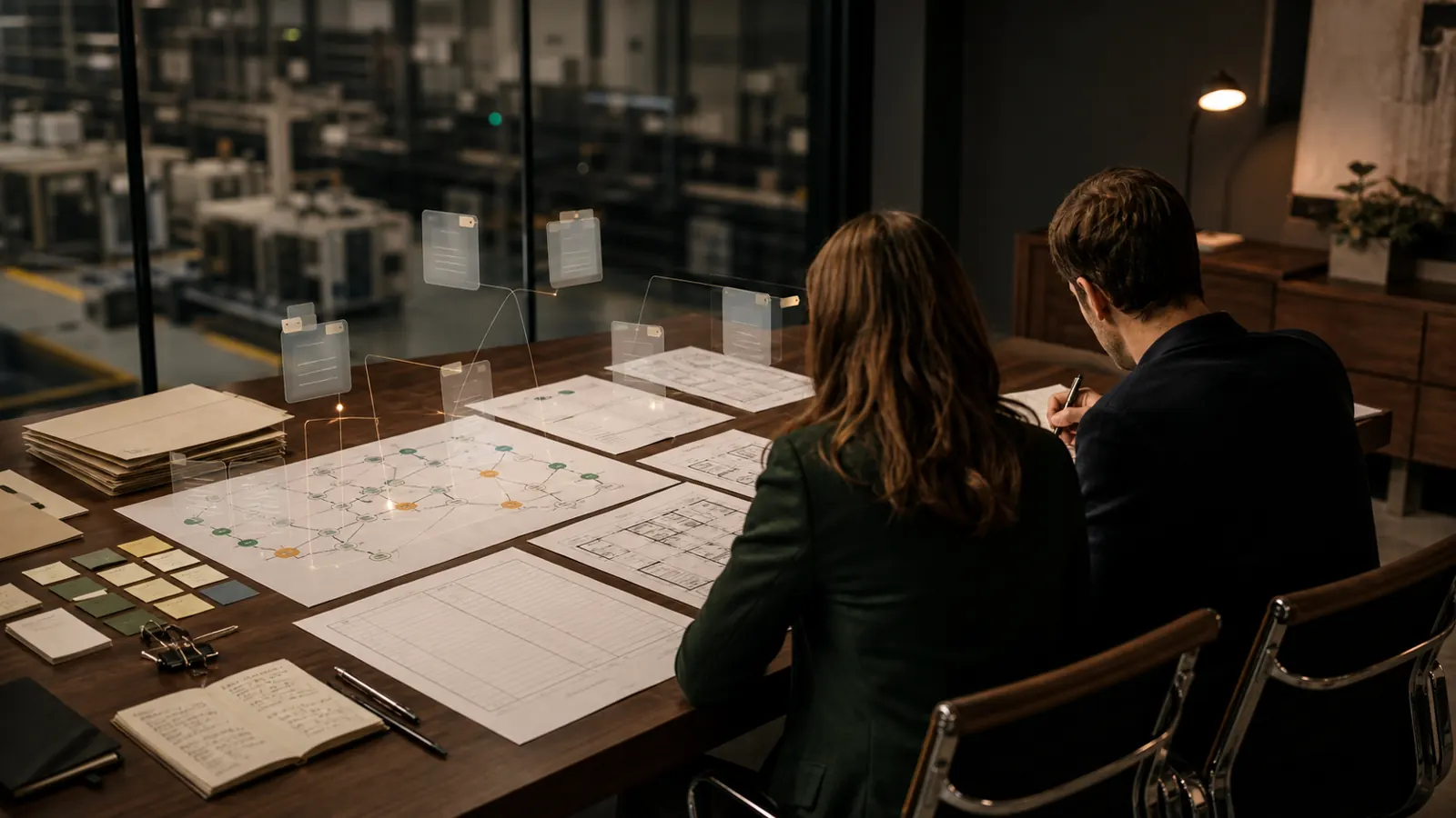 Manufacturing consultants reviewing evidence and client deliverables prepared by AI agents