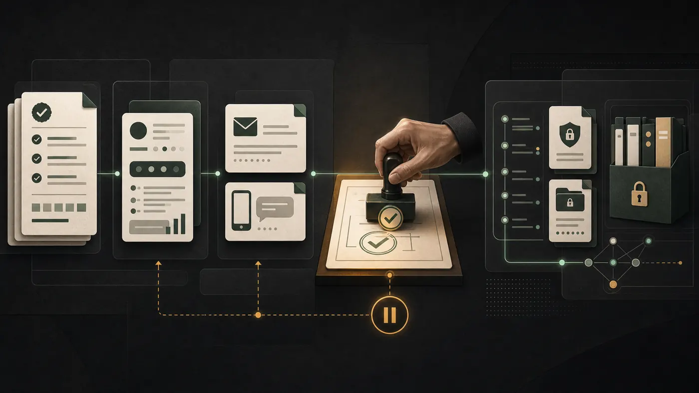 Editorial workflow illustration showing candidate records, email and SMS drafts, a human approval stamp, and an auditable recruiting trail