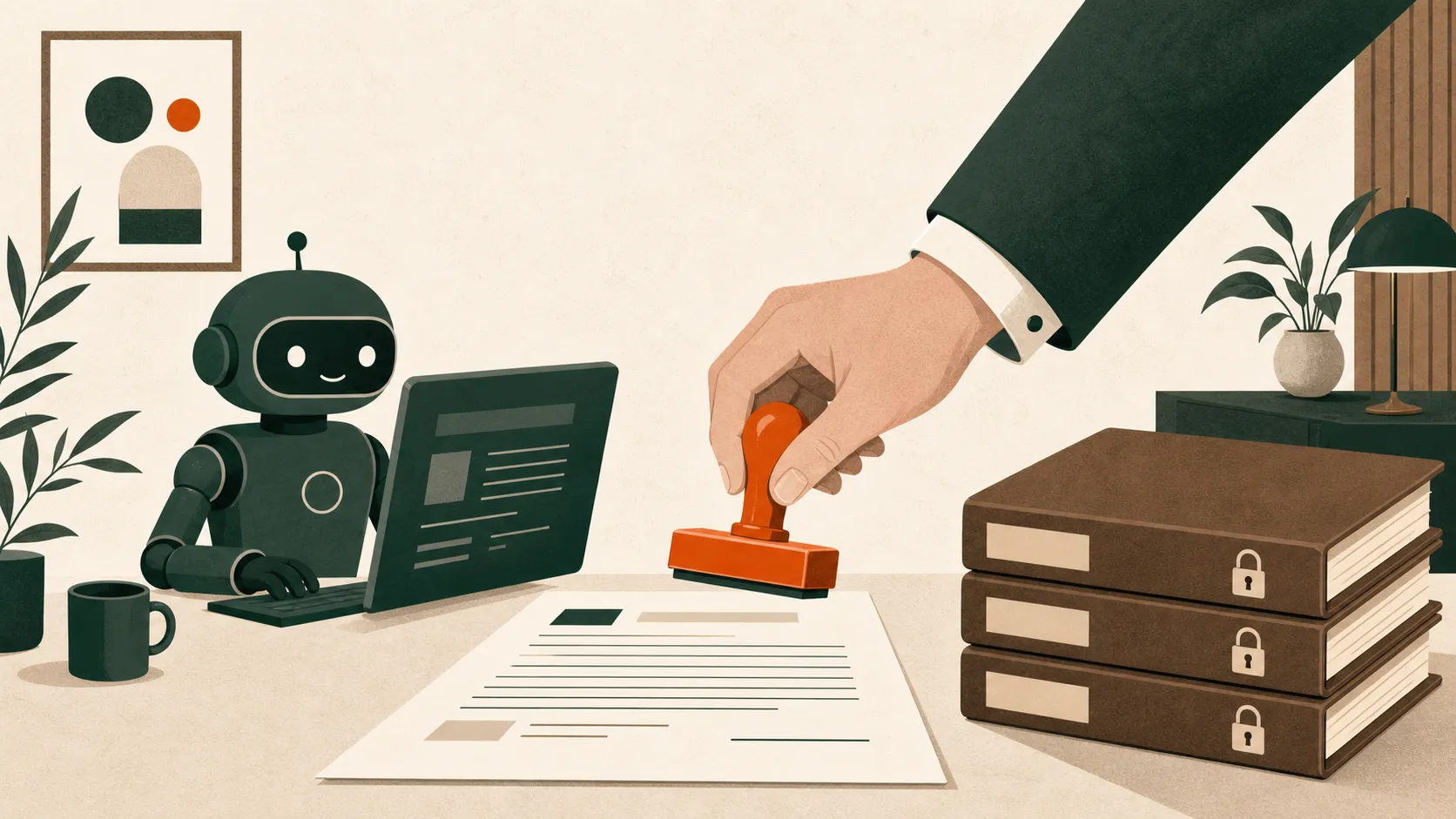 Editorial illustration of an AI agent drafting an outreach letter while a human partner holds an approval stamp over it, next to a locked stack of candidate dossiers
