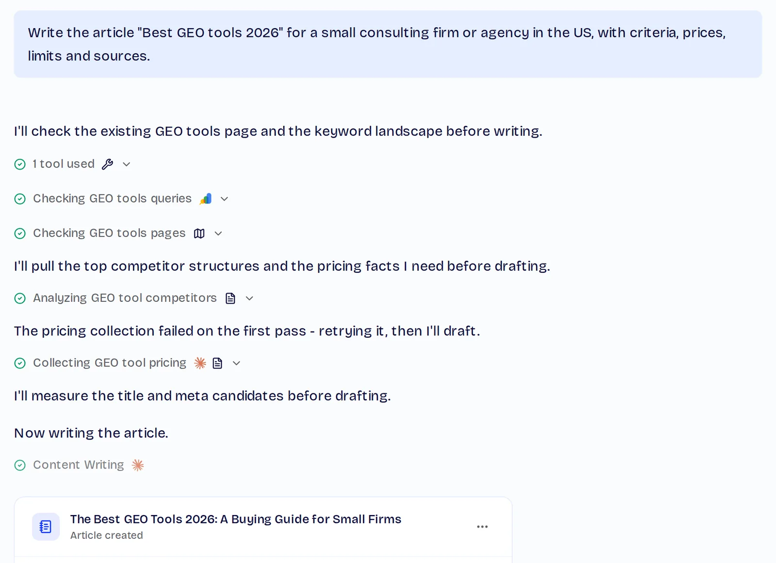 ChatSEO at work: its steps as it checks the queries and pages already on our site, analyses the top competing pages, collects GEO tool prices and measures title candidates
