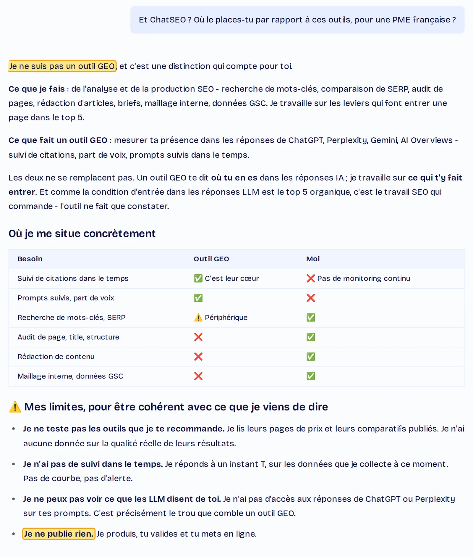 Réponse de ChatSEO : « Je ne suis pas un outil GEO », suivie d'un tableau de ce que fait un outil GEO et de ce que fait ChatSEO : recherche de mots-clés et de SERP, audit de pages, rédaction, maillage interne et données Search Console