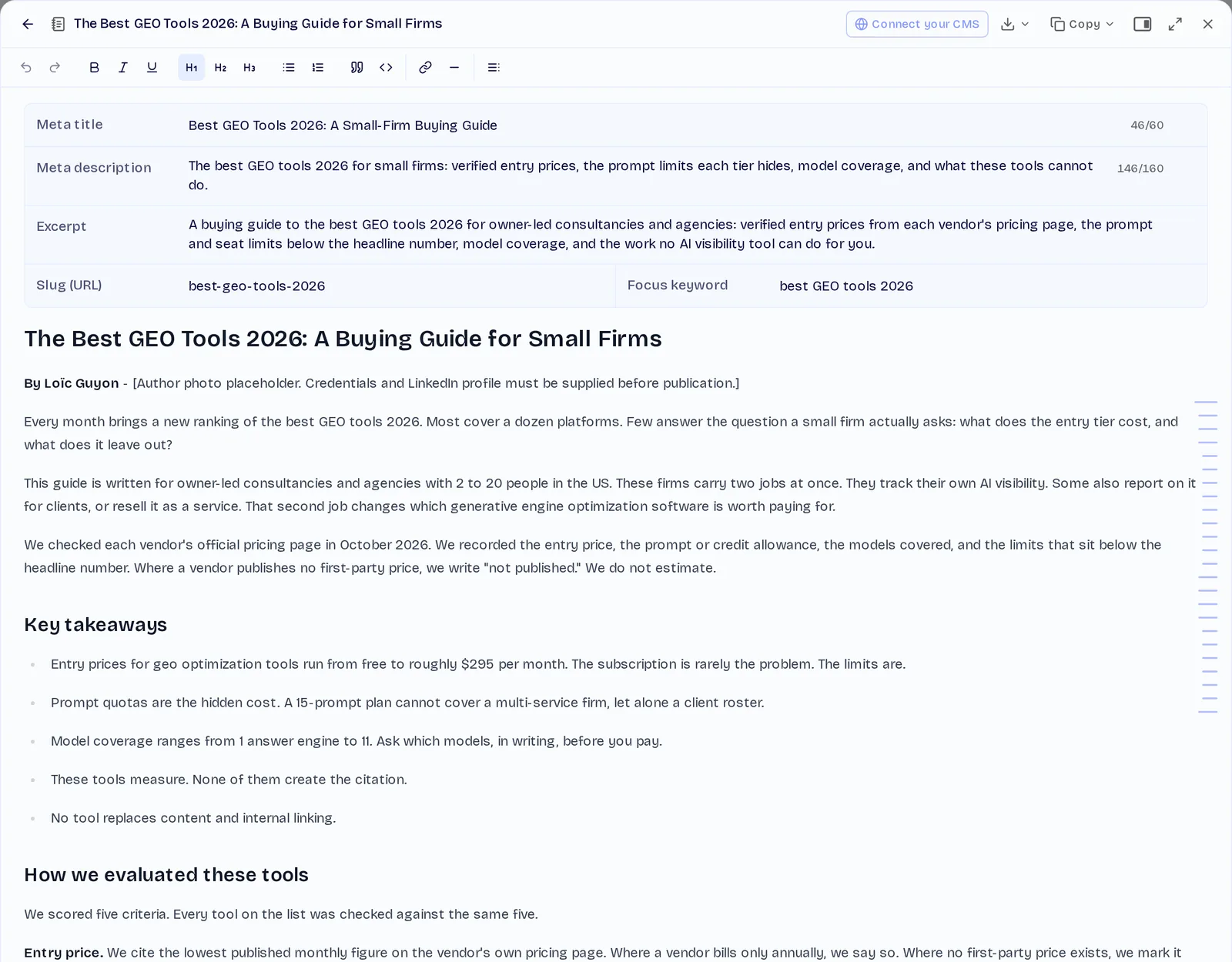 The finished draft in ChatSEO's editor, with meta title, meta description, slug and focus keyword filled in, and a Connect your CMS button