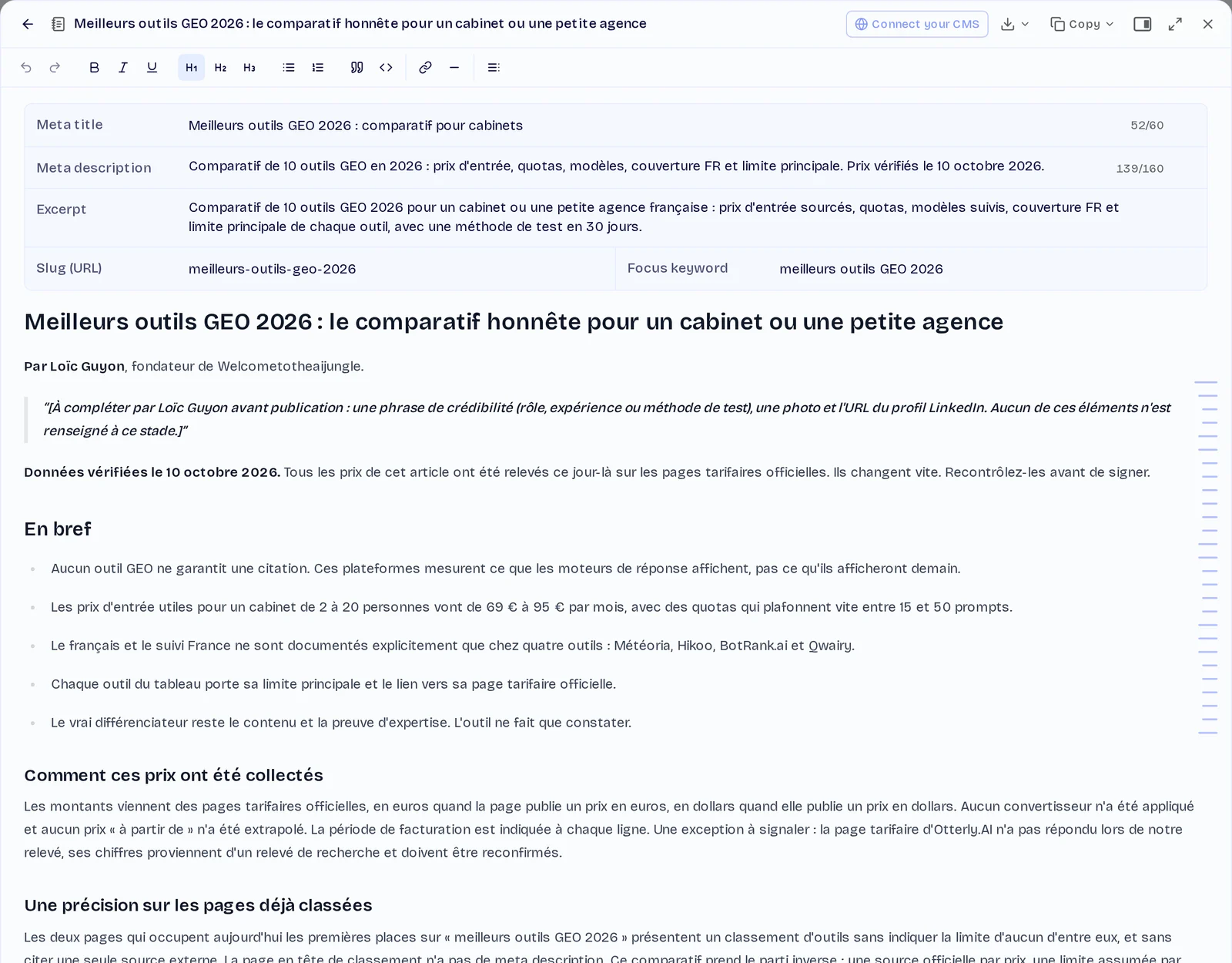 Le brouillon terminé dans l'éditeur de ChatSEO, avec titre SEO, meta description, adresse et mot-clé principal remplis, et un bouton Connect your CMS