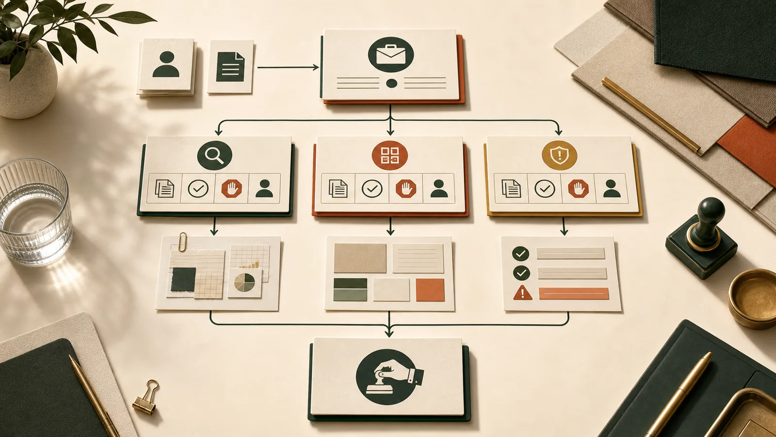 Consulting brief routed to three bounded worker cards with source, check, stop, and owner controls, then synthesized for human approval