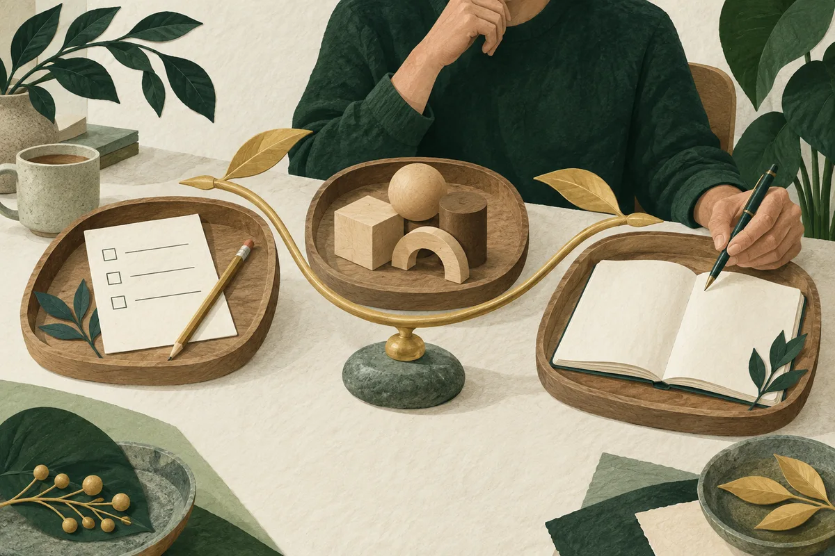 Wooden trays, a paper checklist and building blocks beside a hand reviewing a notebook, illustrating different ways to organise work.
