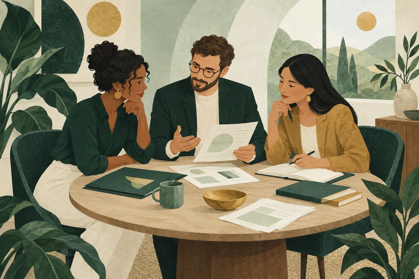 Three consultants discuss documents around a shared table, with a notebook open for their decisions.
