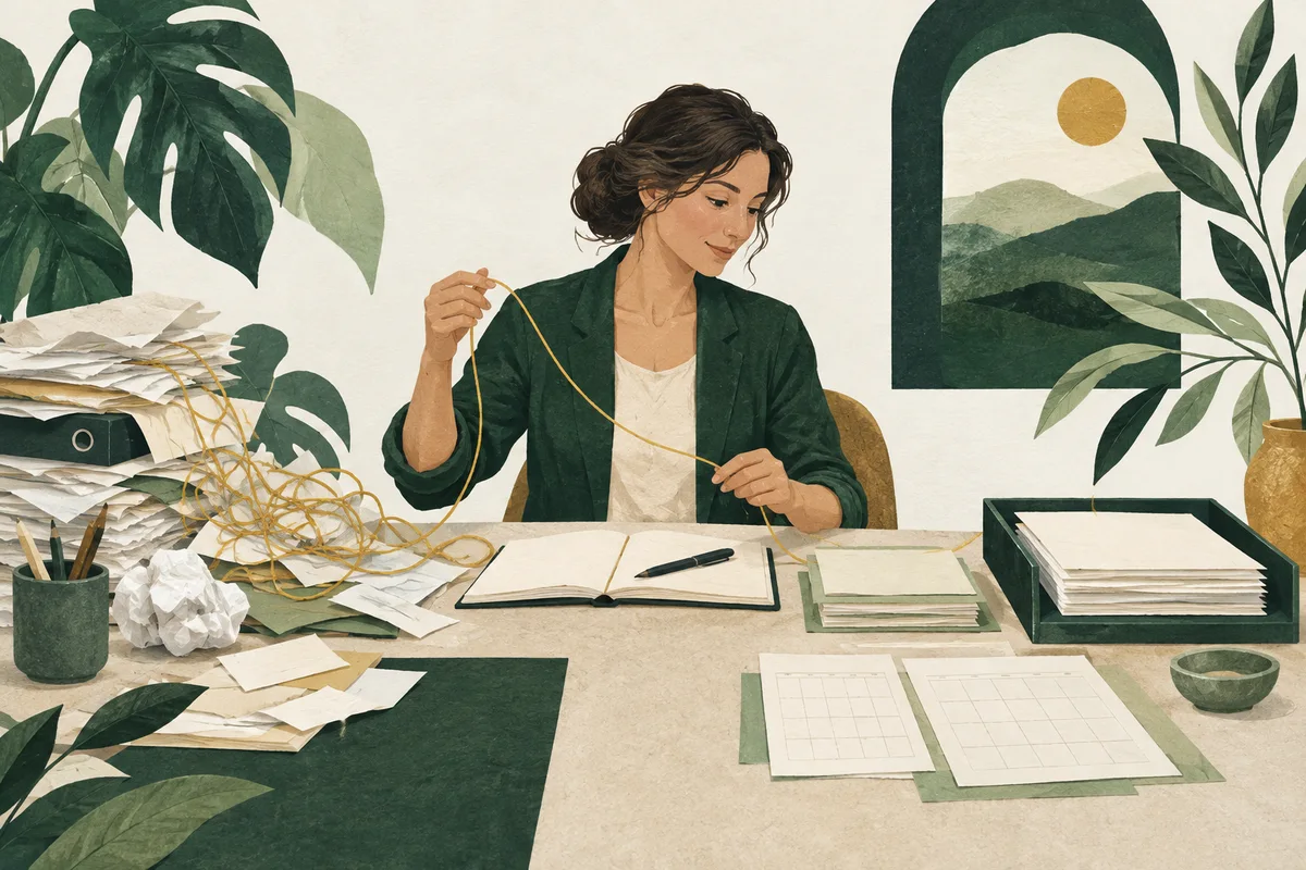 A woman untangles a golden thread over papers on a desk, illustrating the work of clearing a business bottleneck.